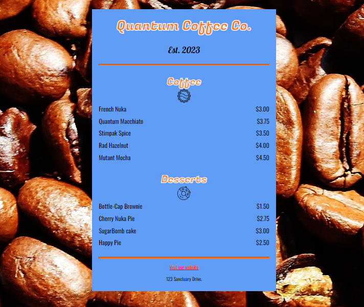  This a coffee house menu mock-up inspired by the popular 'Fallout' franchise. I'm particularly proud of how this one turned out.